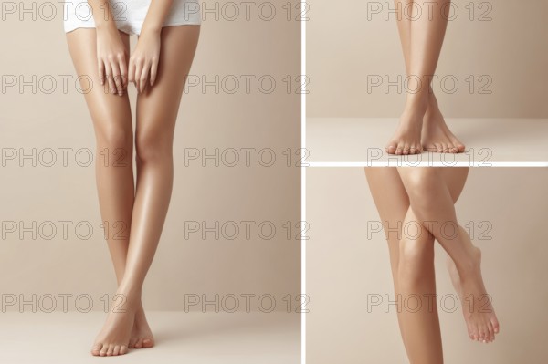 Collage of a clean shaved legs beautiful woman, concept of epilation and beauty spa treatment, AI