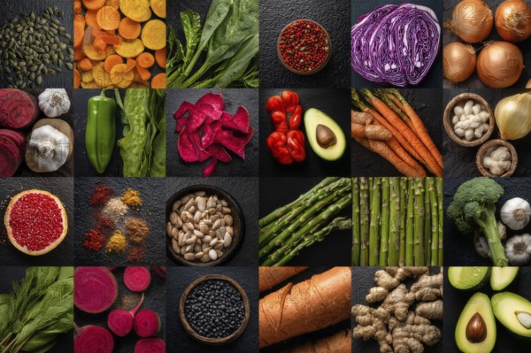 Collage healthy organic food and various healthy diets for improving weight and overall digestive
