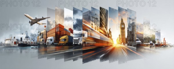 Collage international interconnected transportation businesses.Global trade and commerce of