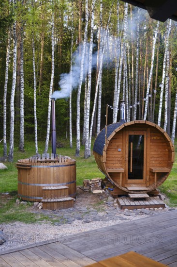 A cozy wooden sauna and hot tub surrounded by tall birch trees. Smoke gently rises from the
