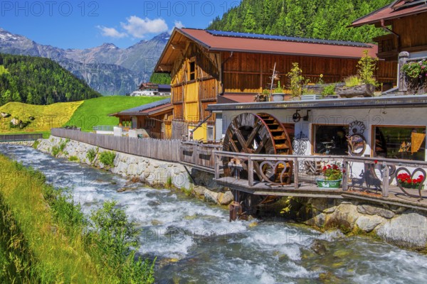 Old forge with water wheel on the Horlachbach, Niederthai in the Horlach Valley, side valley of the