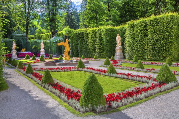 Baroque garden parterre on the west side of Linderhof Palace, Ettal, Ammertal, Upper Bavaria,