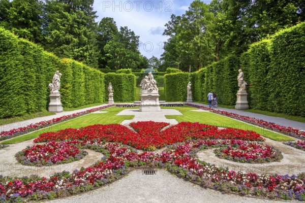Baroque garden parterre on the east side of Linderhof Palace, Ettal, Ammertal, Upper Bavaria,
