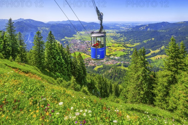 Laberberg cable car with view of the village, Oberammergau, Ammertal, Ammergebirge, Upper Bavaria,