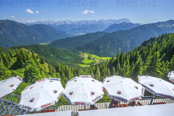 Mountain house terrace with view from the Laber to Ettal and the Wetterstein mountains with the