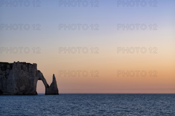 Rock arch Falaise or Porte d'Aval and rock needle Aiguille, Étretat, sea, steep coast, cliffs,