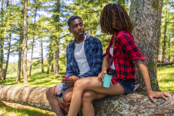 Two hikers are taking a break in the woods, sitting on a fallen tree trunk, enjoying a conversation