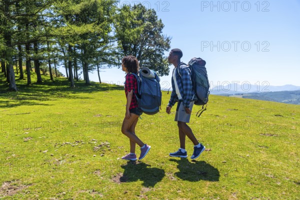 Young hikers enjoying a sunny day in the mountains, walking along a scenic trail with backpacks,