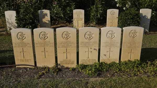 Rows of evenly spaced gravestones in the sunlight, surrounded by green vegetation, sinking of the H