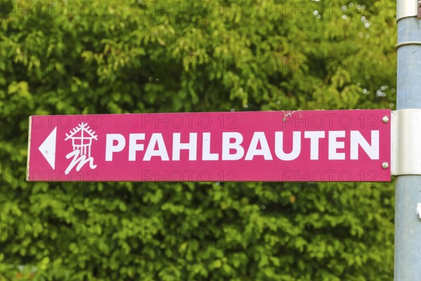 Sign, signpost, pile dwellings, arrow, writing, letters, Oberuhldingen district,