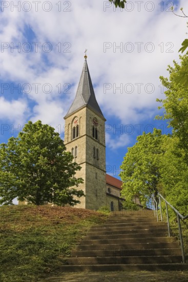 St. Martinus, catholic church, place of worship, sacral building, staircase, church tower, clock,