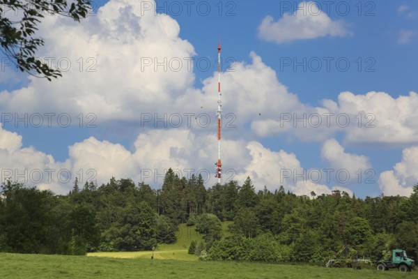 Raichberg transmitter, clouds, trees, basic network transmitter of the Südwestrundfunk for radio