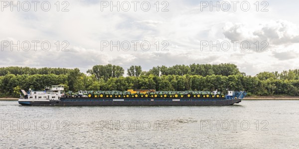 Ship loaded with tractors on the Rhine in Wiesbaden-Biebrich, Rhine navigation, Wiesbaden, Hesse,