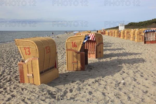 Empty, locked beach chairs on the beach, beach chair, sandy beach, Baltic Sea, Poel island,