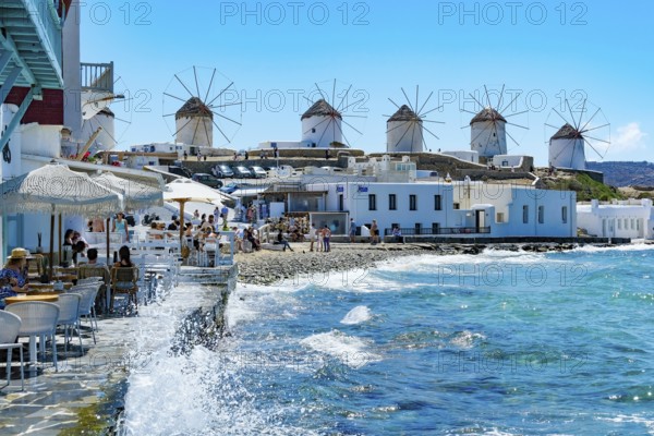 Mykonos, Cyclades, Greece - The six sixteenth-century windmills, lined up on a hill above Mykonos