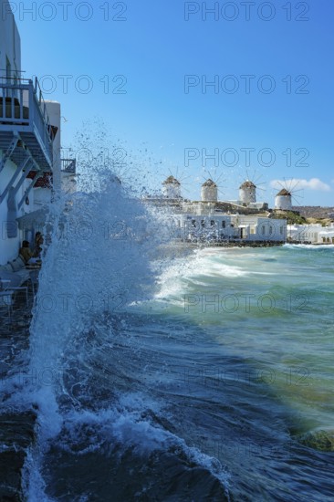 Mykonos, Cyclades, Greece - The six sixteenth-century windmills, lined up on a hill above Mykonos