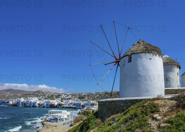 Mykonos, Cyclades, Greece - The six sixteenth-century windmills, lined up on a hill above Mykonos