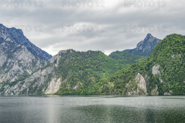 Landscape of Lake Traunsee on a rainy day in spring, Traunstein summit, Traunkirchen,