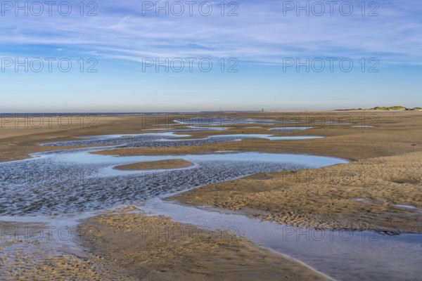 East beach of the East Frisian island of Spiekeroog, at low tide, tidal creek, watercourse at low