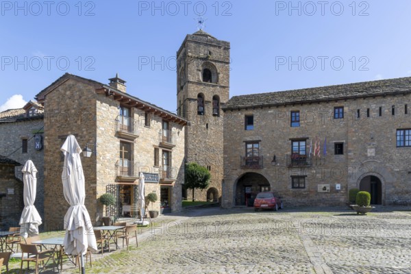 Church tower and town hall, historic buildings medieval village of Ainsa, Aínsa-Sobrarbe, Huesca