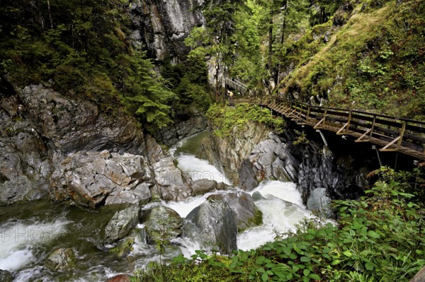 Wooden walkway on the Diosaz mountain river in the gorge, Gorges de la Diosaz, Les Houches,