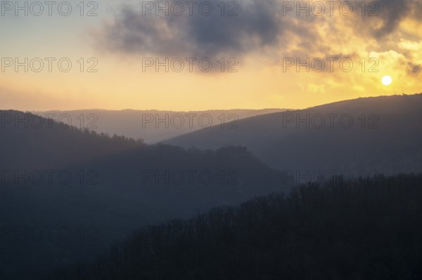 Sunrise, sun rising over hills, Thayatal National Park, Lower Austria, Austria