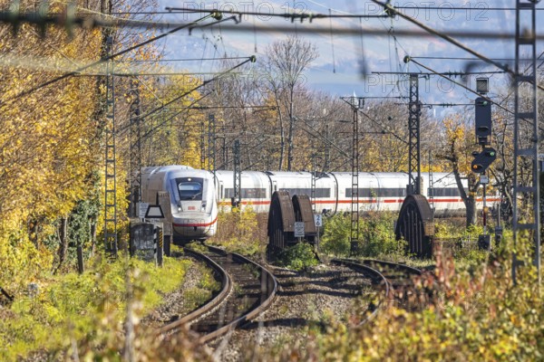 Intercity Express ICE. Open-route passenger train in the Stuttgart North Station area. Arched
