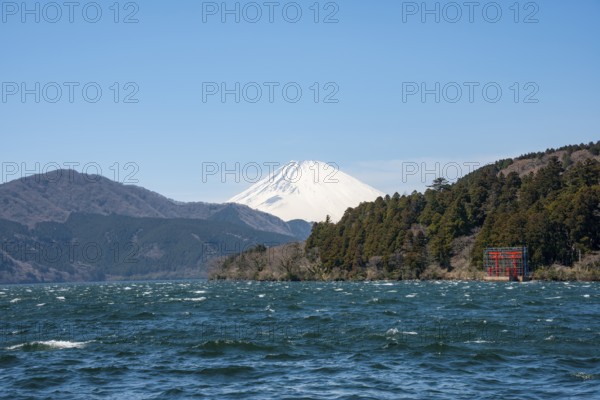 View of Lake Ashi with Mount Fuji volcano and peace torii from Hakone Shrine, Hakone, Japan