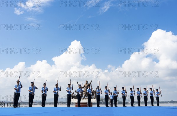Indian Air Force personnel performs a bayonet drill demonstration on the bank of Brahmaputra river,
