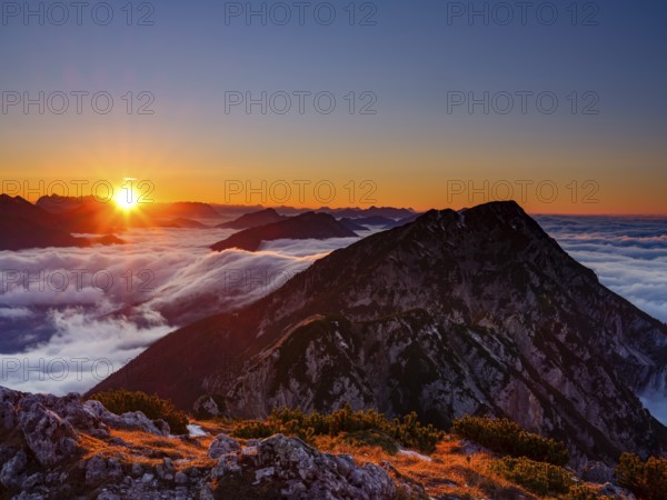 Alpine panorama at sunset, fog in the valley, Hochstaufen, Chiemgau Alps, Upper Bavaria, Bavaria,