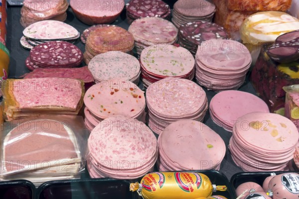 Many different types of sausage types of sausages sliced sausage cold cuts sausage slices of boiled
