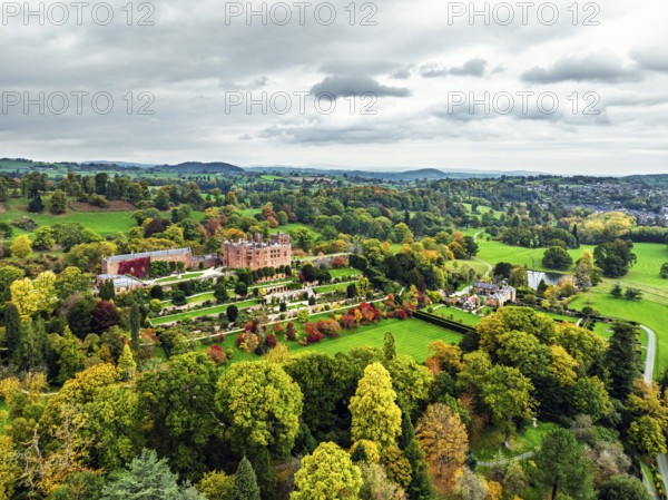 Autumn colours over Powis Castle and Garden from drone, Welshpool, Powys, Wales, England, United