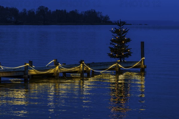 Illuminated Christmas tree at dawn, on an illuminated boat dock, Dießen am Lake Ammer, Upper