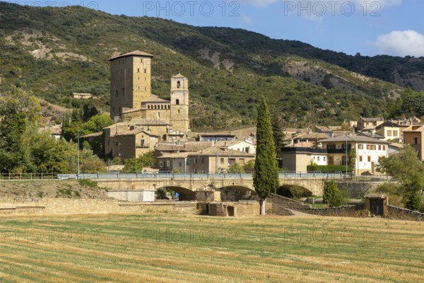 Landscape view from countryside of medieval village of Biel, Cinco Villas, Zaragoza province,