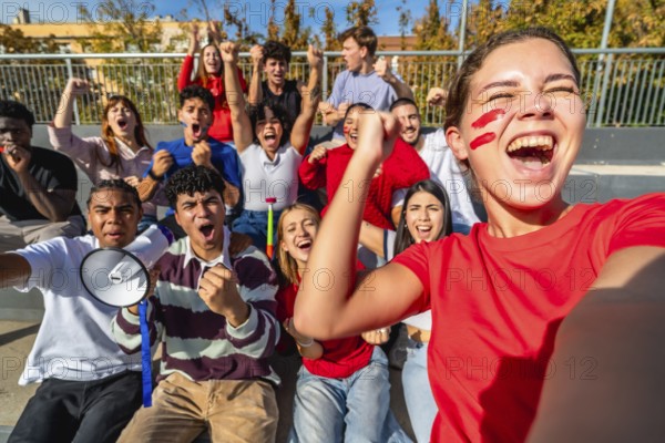Diverse group of young adult fans energetically cheering and celebrating a win at a sports event,