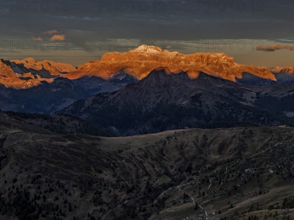 Mountain landscape, morning light, cloud atmosphere, autumn, aerial view, Giau Pass, view of Tofana