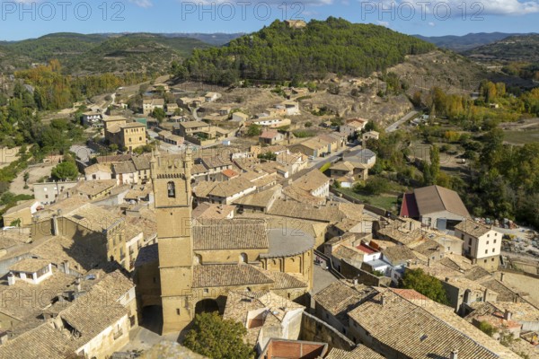 Church tower and rooftops of medieval village of Uncastillo, Cinco Villas, Zaragoza province,