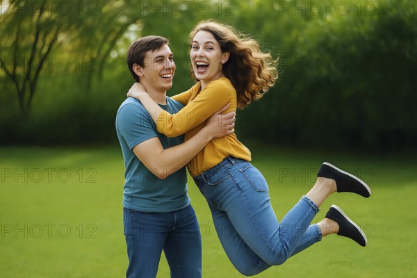 A young man happily lifts up a young woman laughing, symbolic picture couple, in love, feeling,