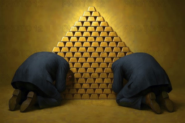 Two men worship a pile of gold bars and bow down, symbolizing gold, wealth, power, greed, luxury,
