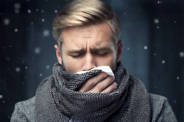 A man with severe cold, symbol cold, sick, illness, cough, fever, health, health care, flu, flu