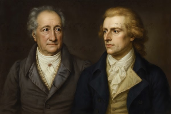 Double portrait of Johann Wolfgang von Goethe and Friedrich Schiller, symbolic image of poet,