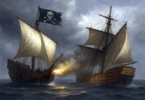 A sailing ship with the pirate flag on the mast fires from the cannons at another ship, symbolic