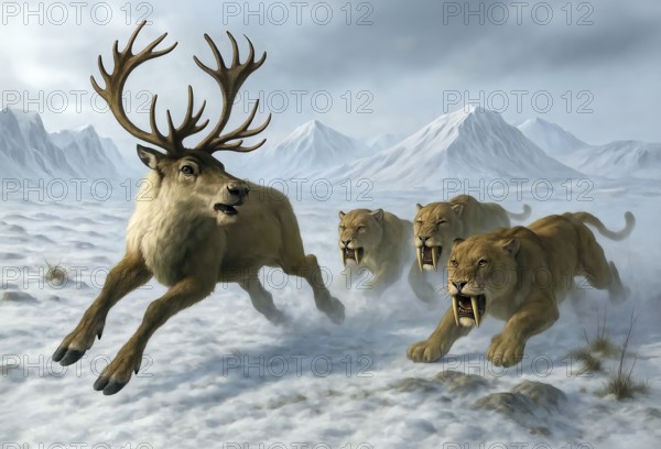 A reindeer is hunted by sabre-toothed tigers, sabre-toothed cats, smilodon (Machairodontinae) in