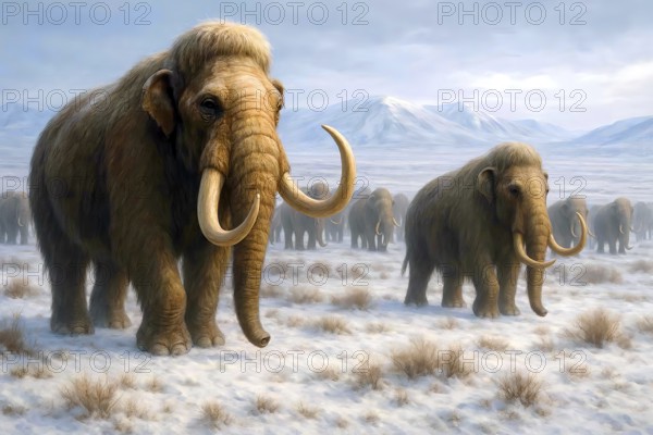 A mammoth herd (mammoth) in the glacial cold steppe, symbolic image woolly mammoth, mammoth