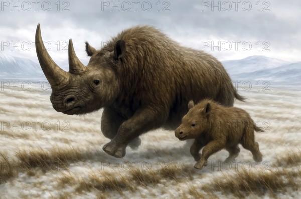 A woolly rhinoceros (Coelodonta antiquitatis) with rhinoceros calf in the glacial cold steppe,