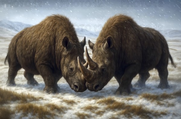 Two woolly rhinos (Coelodonta antiquitatis) meet in the glacial cold steppe, symbol rhino, ice age,