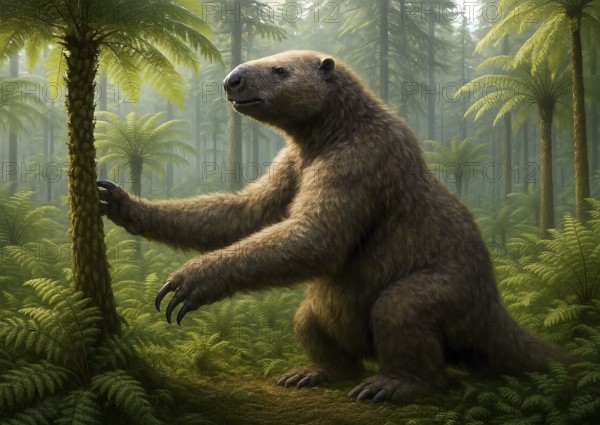 A giant sloth, a megatherium, in a prehistoric forest of ferns, symbol prehistoric, sloth, animal
