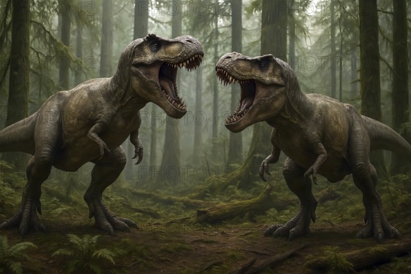 Two Tyrannosaurus rex (Theropoda) threatening turf battle in a prehistoric forest, symbol dinosaur,