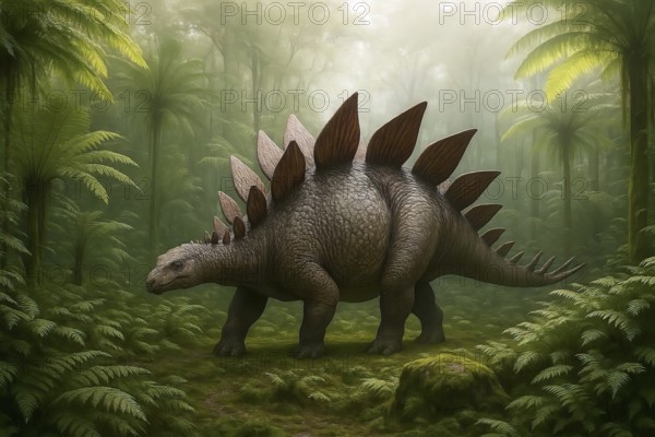 A stegosaurus (stegosauria) in a prehistoric forest of ferns, symbol dinosaur, sauropods, extinct,
