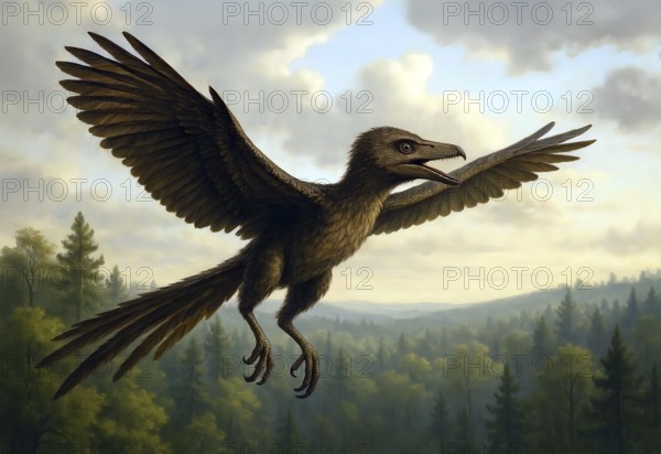 An archaeopteryx, a prehistoric bird, flies over a prehistoric forest landscape, symbol dinosaur,